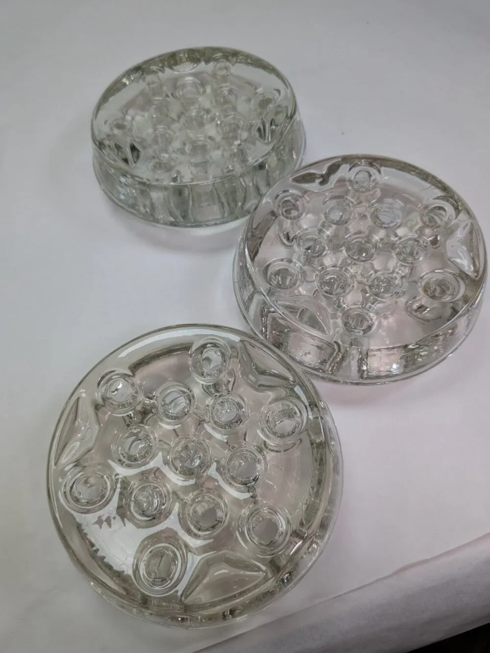 Vintage Glass Flower Frog Lot of 3 Heavy Large STACKING 13-Hole Mixed Color